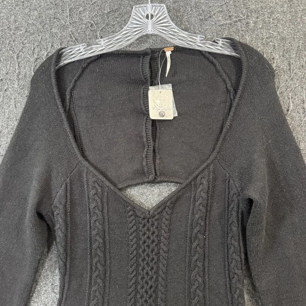 Free People Small World Dress Women's Large Black Cable Knit Cut Out Sweater